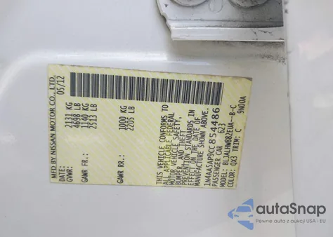 2012 Nissan Maxima 3.5 Sv z USA, uszkodzony, nr VIN 1N4AA5AP9CC854486